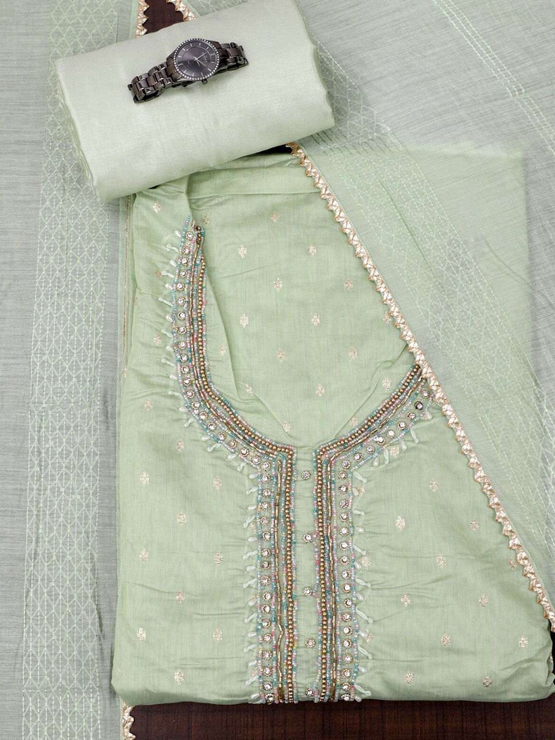 

SALWAR STUDIO Floral Embroidered Beads & Stones Unstitched Dress Material, Green