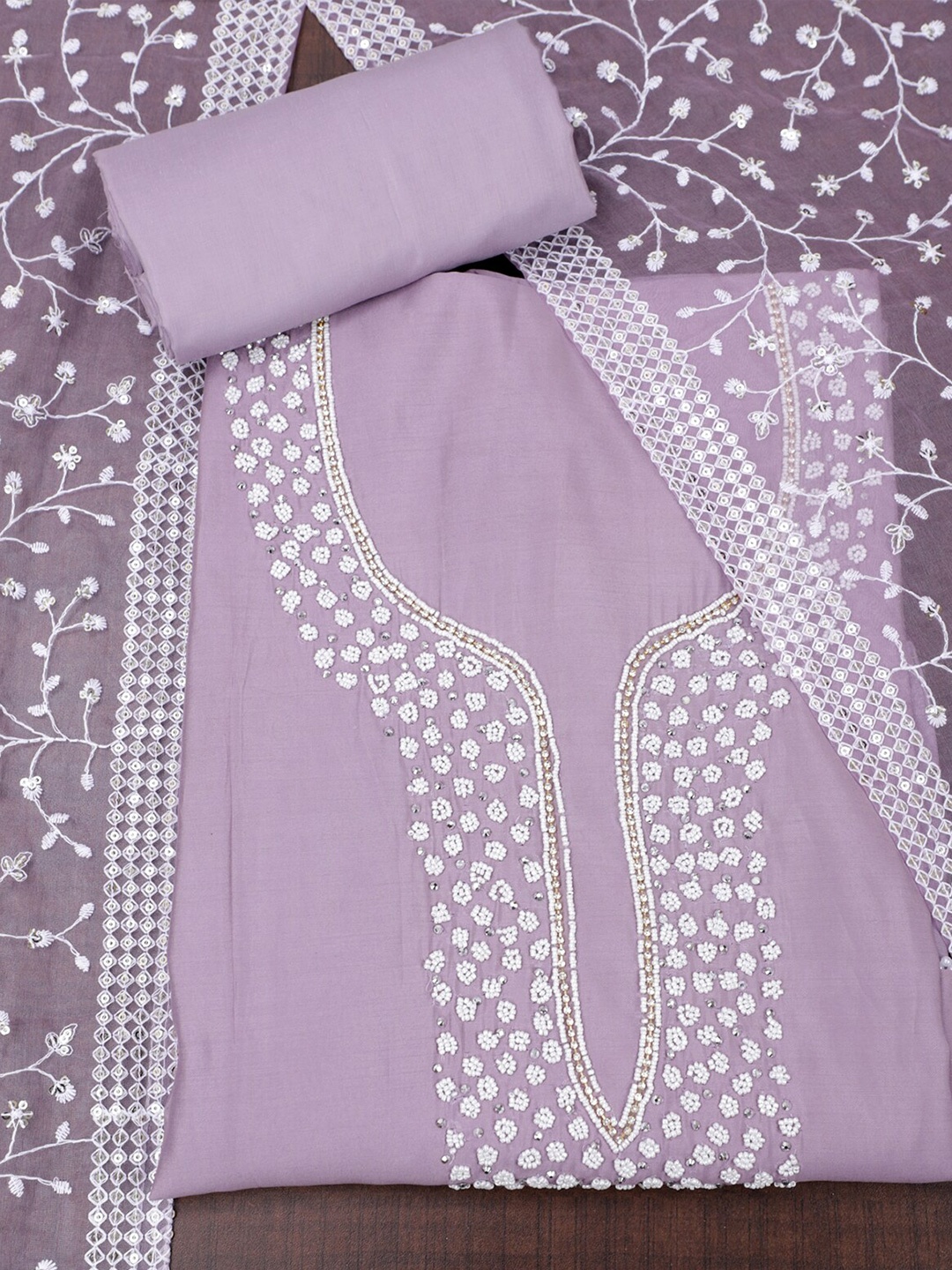 

SALWAR STUDIO Floral Embroidered Unstitched Dress Material, Lavender