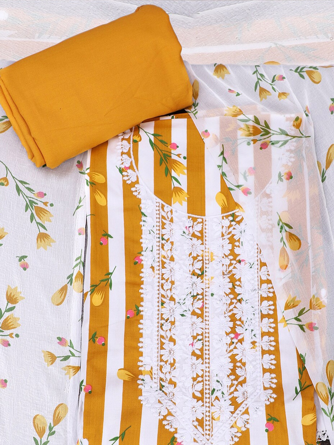 

SALWAR STUDIO Striped Embroidered Pure Cotton Unstitched Dress Material, Mustard
