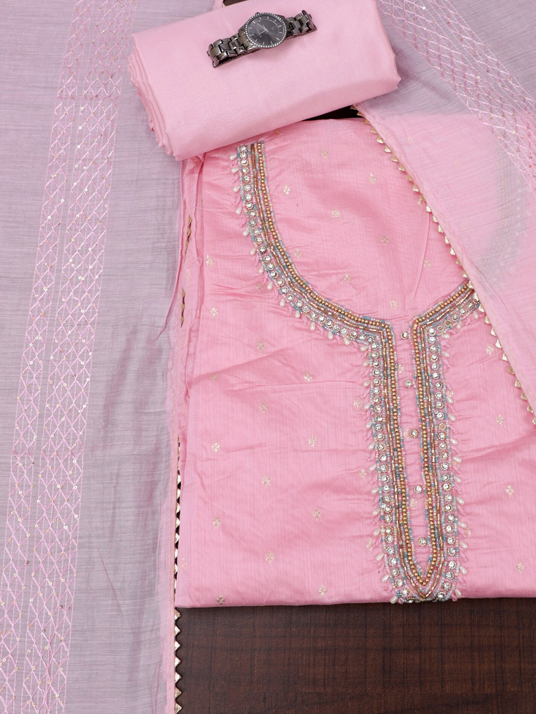 

SALWAR STUDIO Floral Embroidered Beads & Stones Unstitched Dress Material, Pink