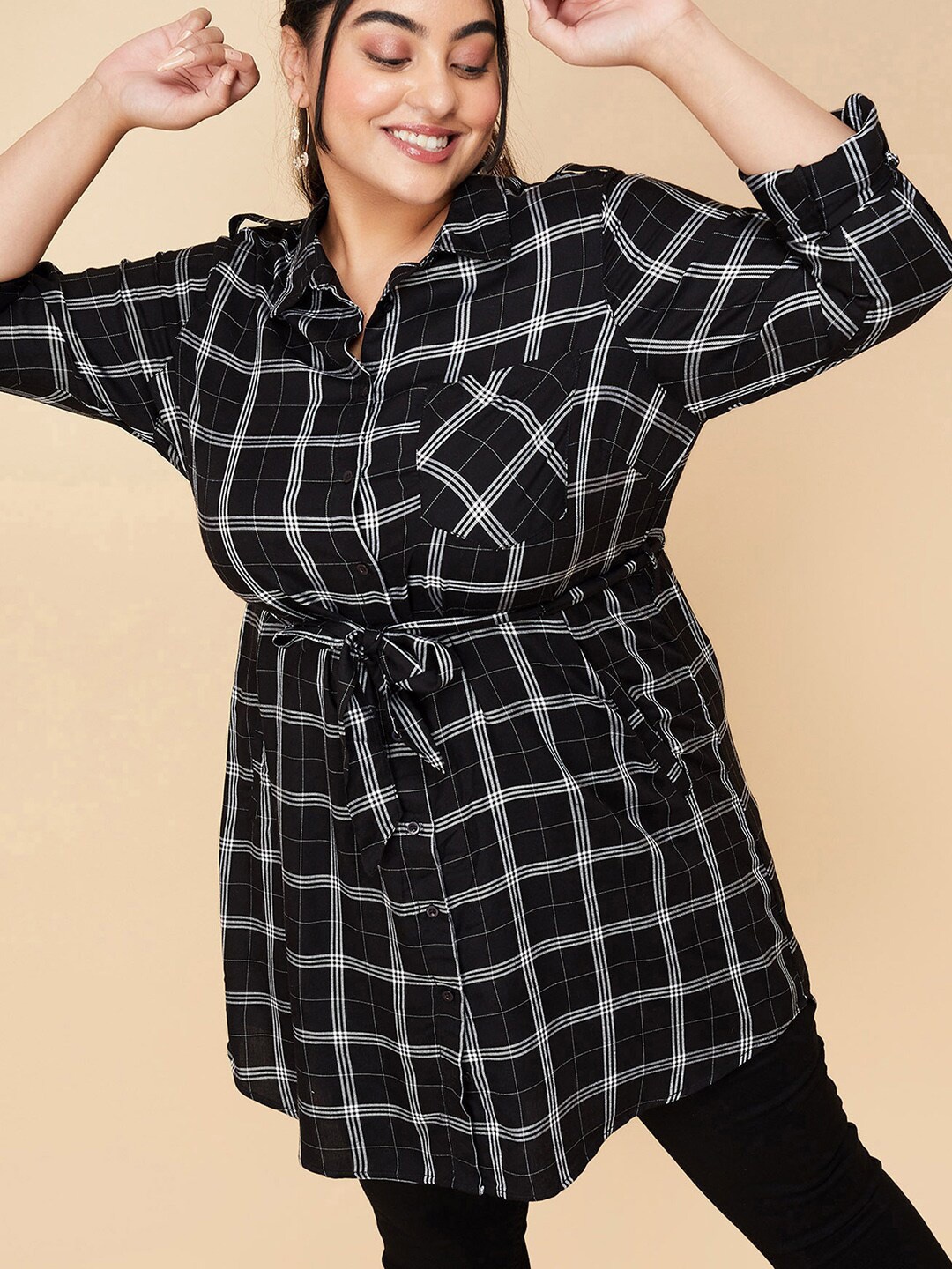 

max Plus Size Checked Shirt Collar Tie-Ups Tunic, Black