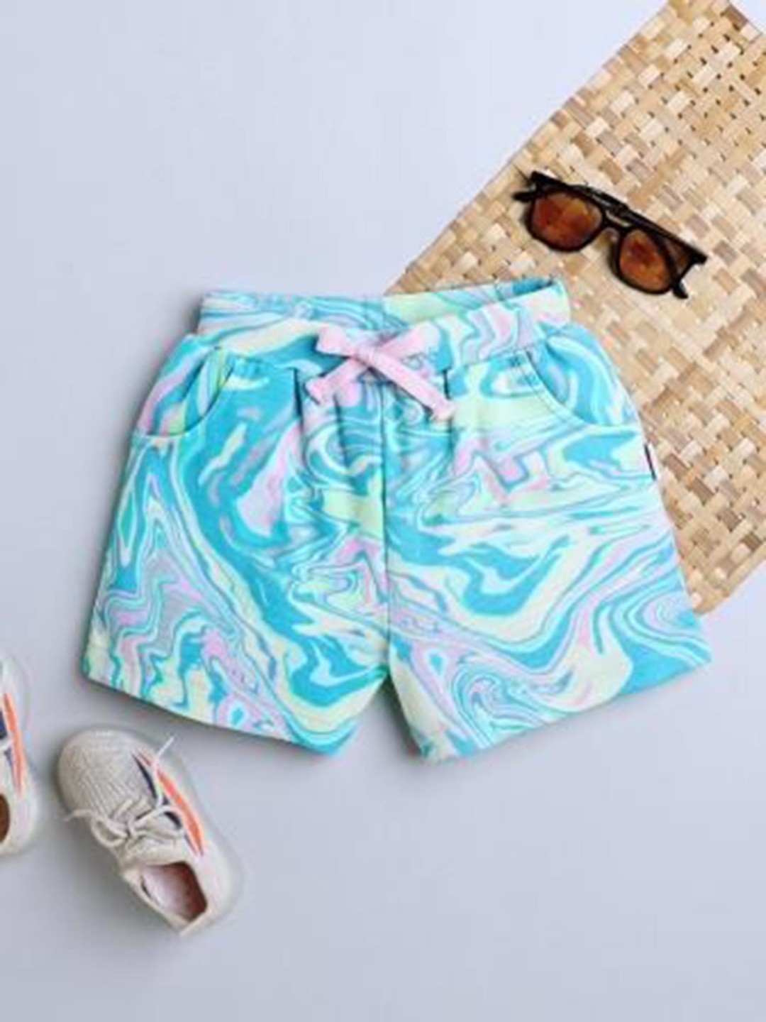 

BAESD Girls Abstract Printed Cotton Terry Shorts, Turquoise blue