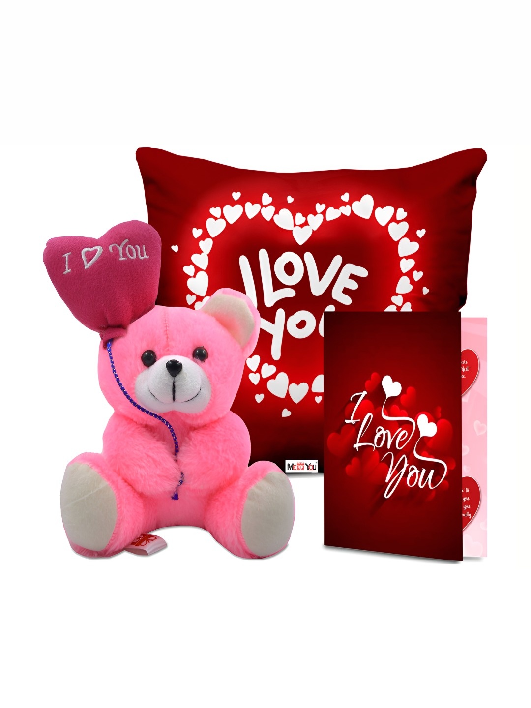 

ME & YOU Red & Pink Printed Cushion With Teddy & Card Home Gift Set