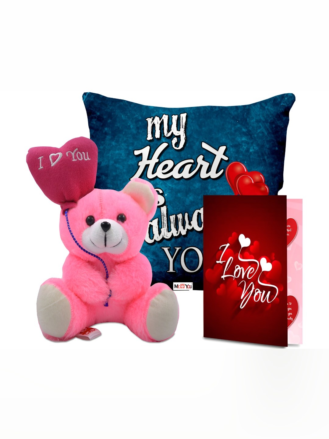 

ME & YOU 3Pcs Pink & Red Printed Cushion Teddy Card Valentine Gifts Set