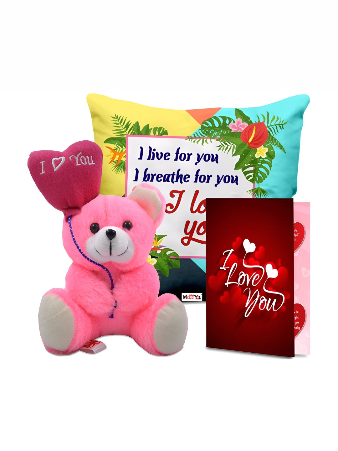 

ME & YOU Blue & Pink 3 Pcs Printed Cushion With Teddy & Card Home Gift Set