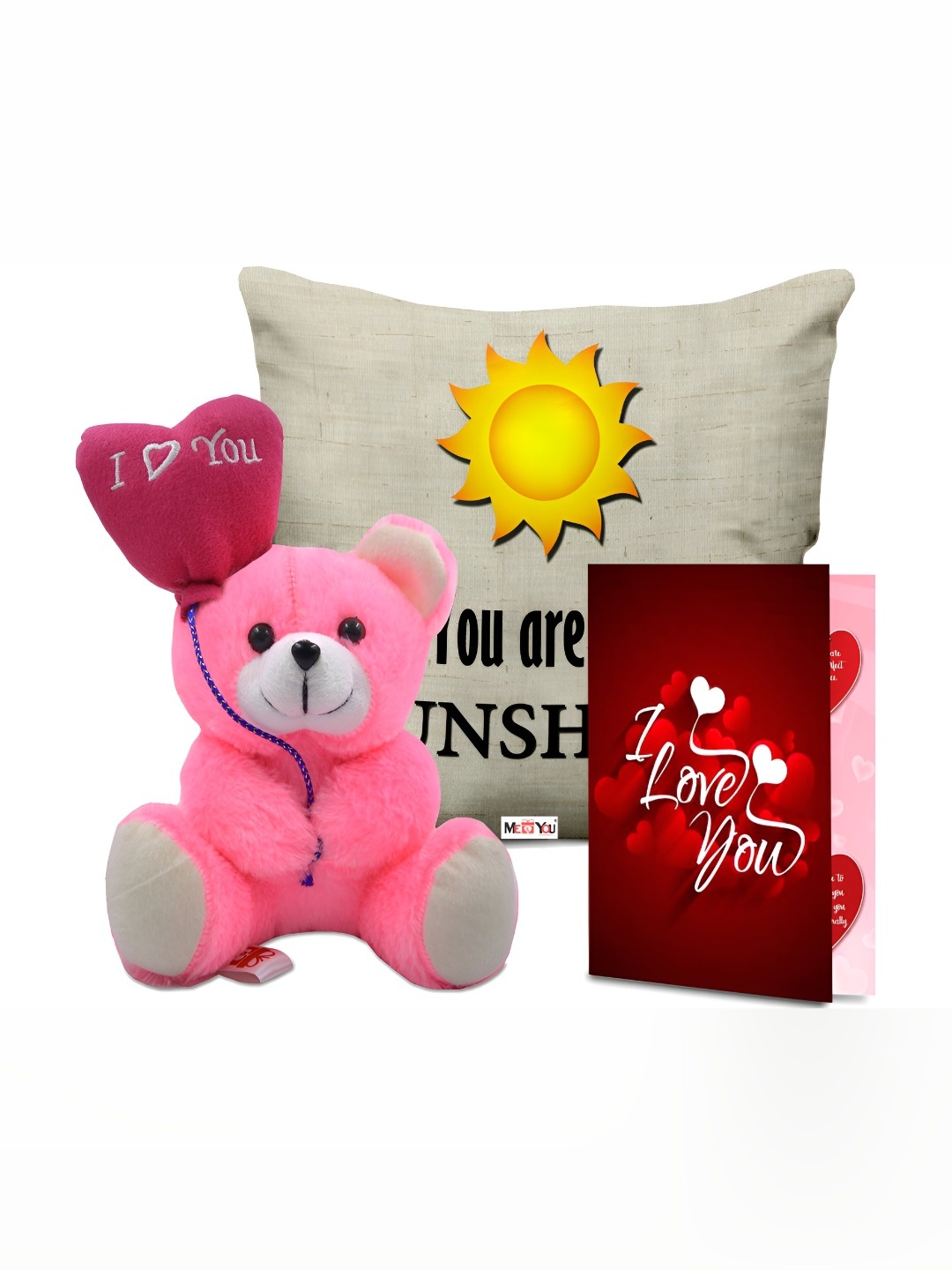 

ME & YOU Beige & Pink 3 Pcs Printed Cushion With Teddy & Card Home Gift Set