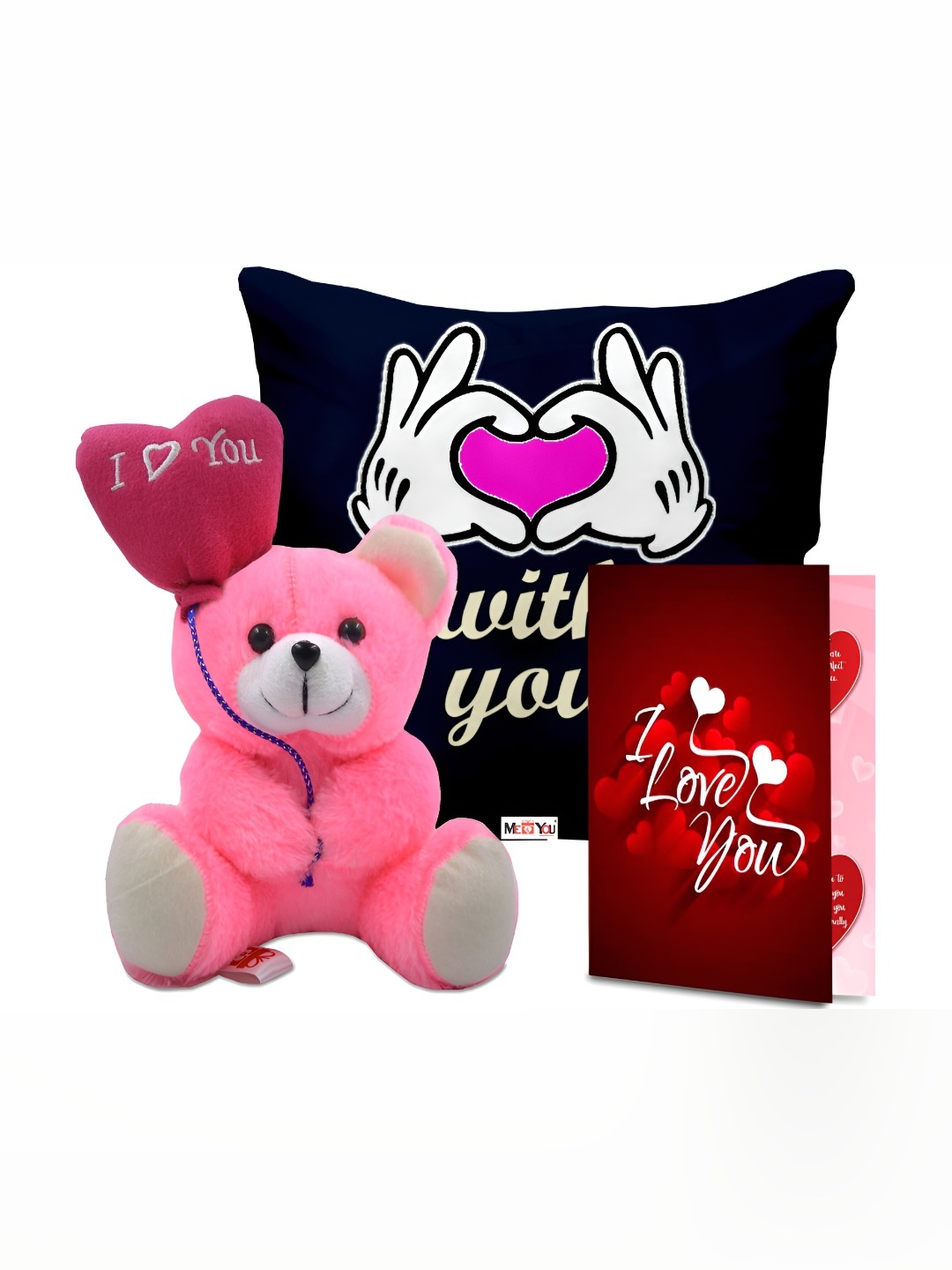 

ME & YOU 3Pcs Pink & Red Printed Cushion Teddy Card Valentine Gift Set
