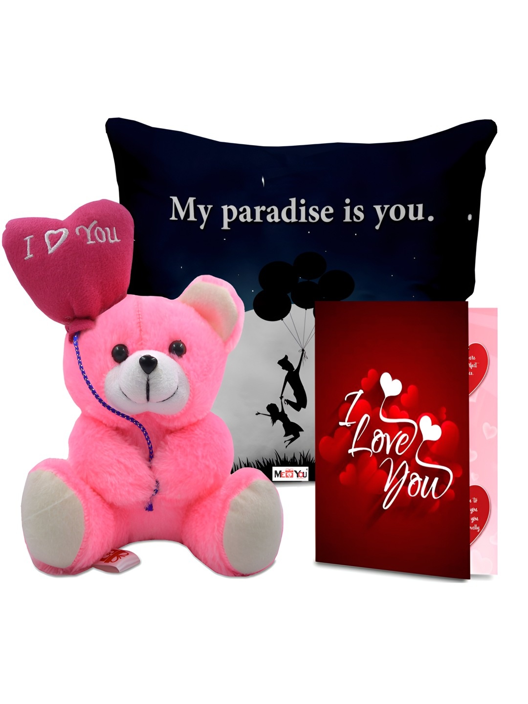

ME & YOU 3Pcs Pink & Red Printed Cushion Teddy Card Valentine Gift Set