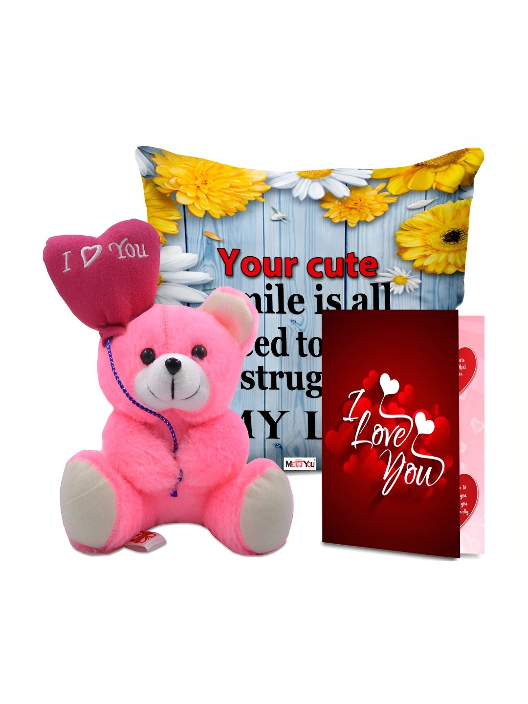 

ME & YOU 3Pcs Pink & Red Printed Cushion Teddy Card Valentine Gifts Set