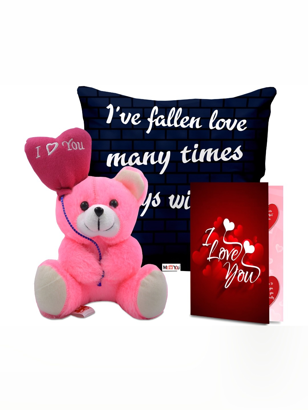 

ME & YOU 3Pcs Pink & Red Printed Cushion Teddy Card Valentine Gift Set