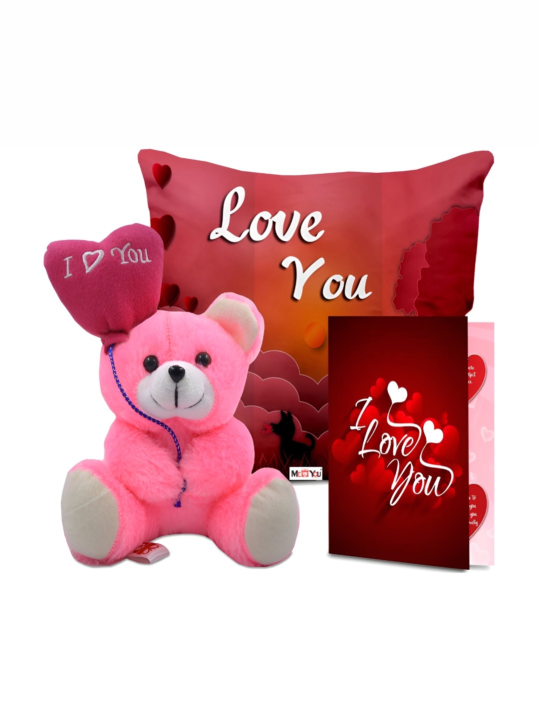 

ME & YOU 3-Pcs Printed Cushion With Filler Doll & Card Valentine's Gift, Red