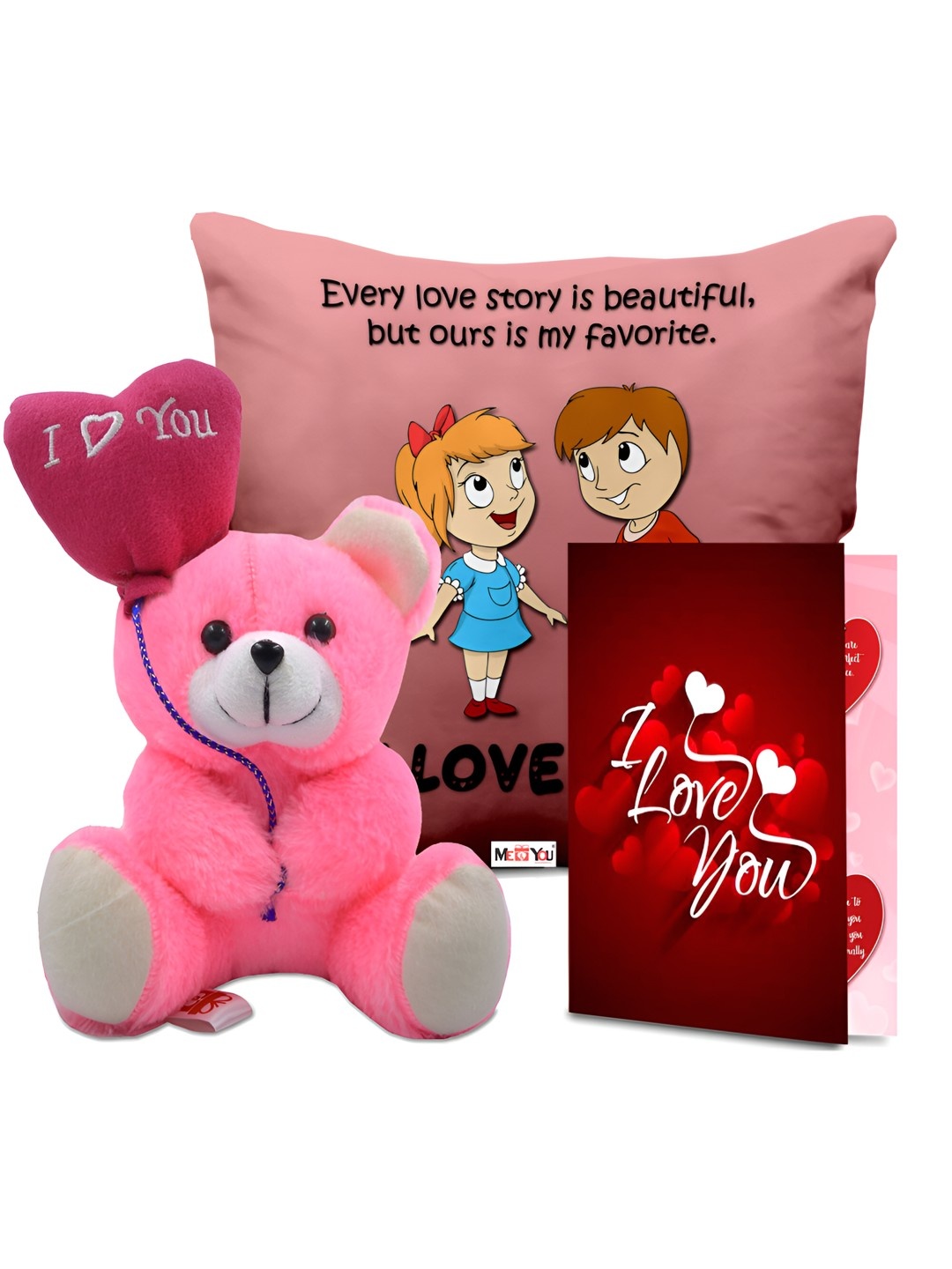 

ME & YOU Red and Pink 3 Pieces Printed Cushion With Filler Doll & Card Valentine's Gift