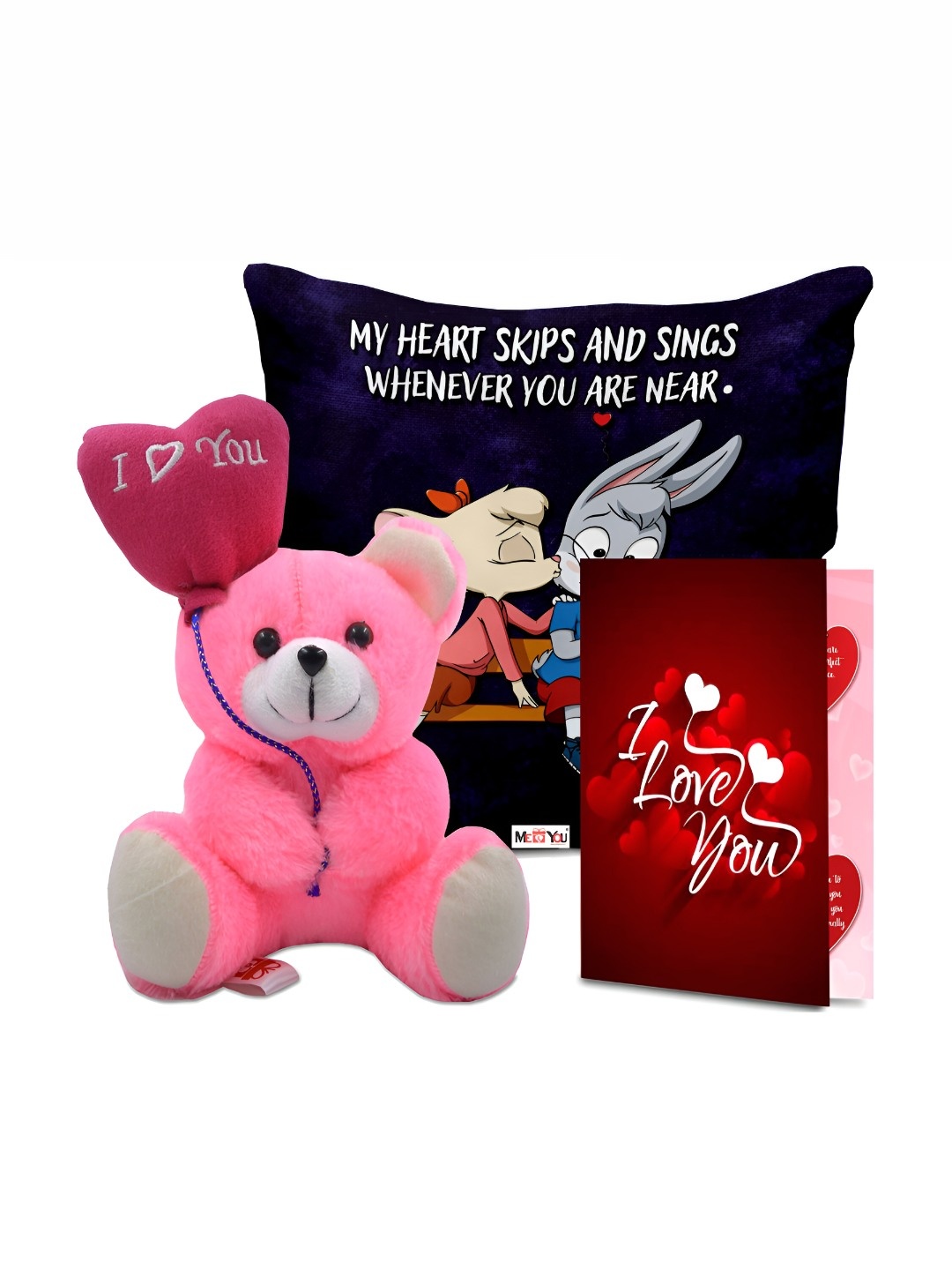 

ME & YOU Pink & Red 3 Pieces Printed Cushion With Filler Doll & Card Valentine's Gift