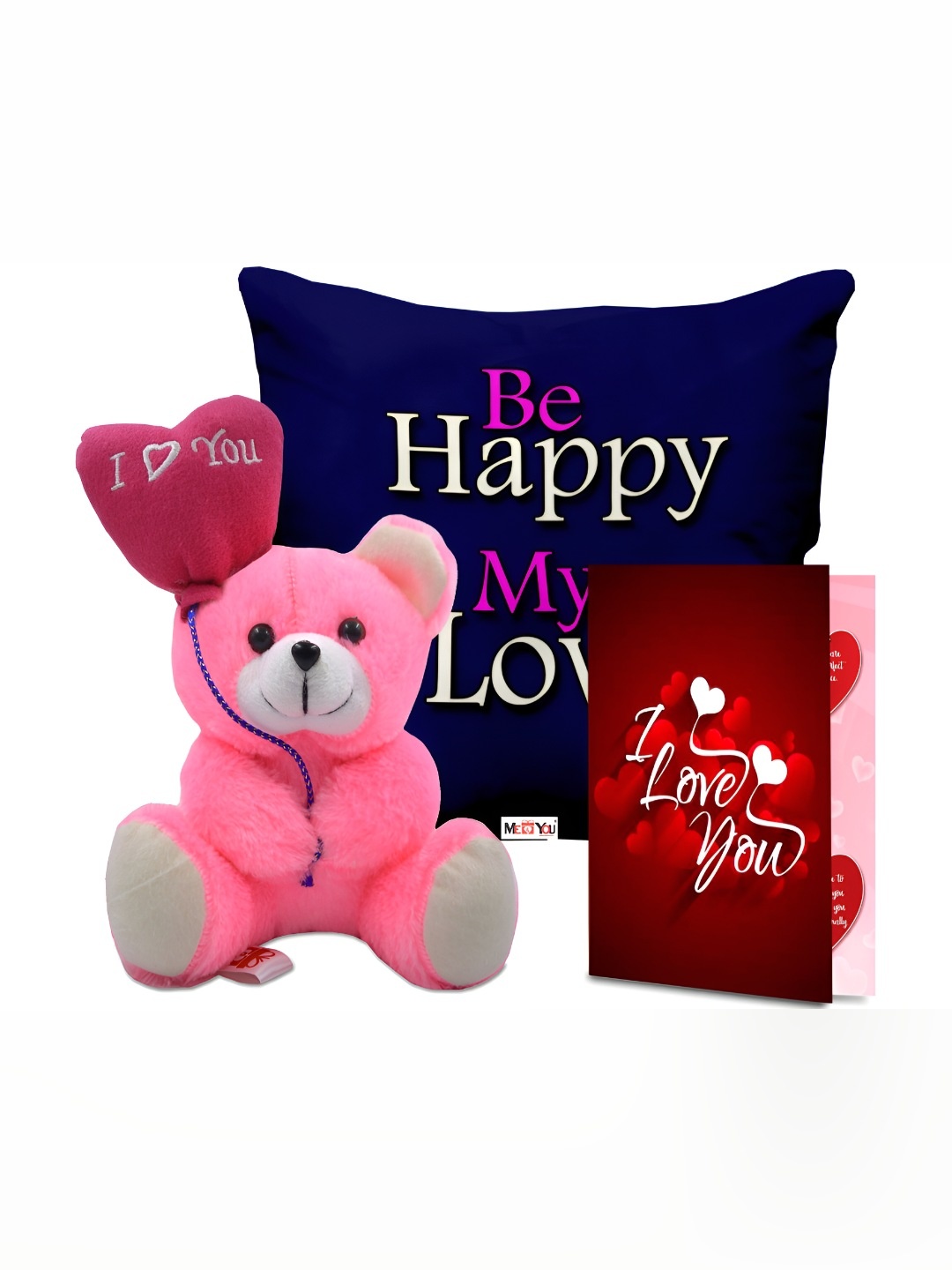 

ME & YOU Blue & Pink 3 Pcs Printed Cushion With Teddy & Card Home Gift Set