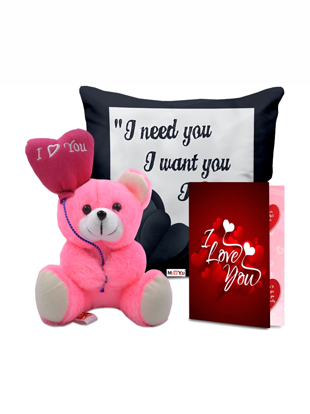 

ME & YOU 3-Pcs Red & Pink I Love You Printed Greeting Card, 1 Doll & Cushion Gift Sets
