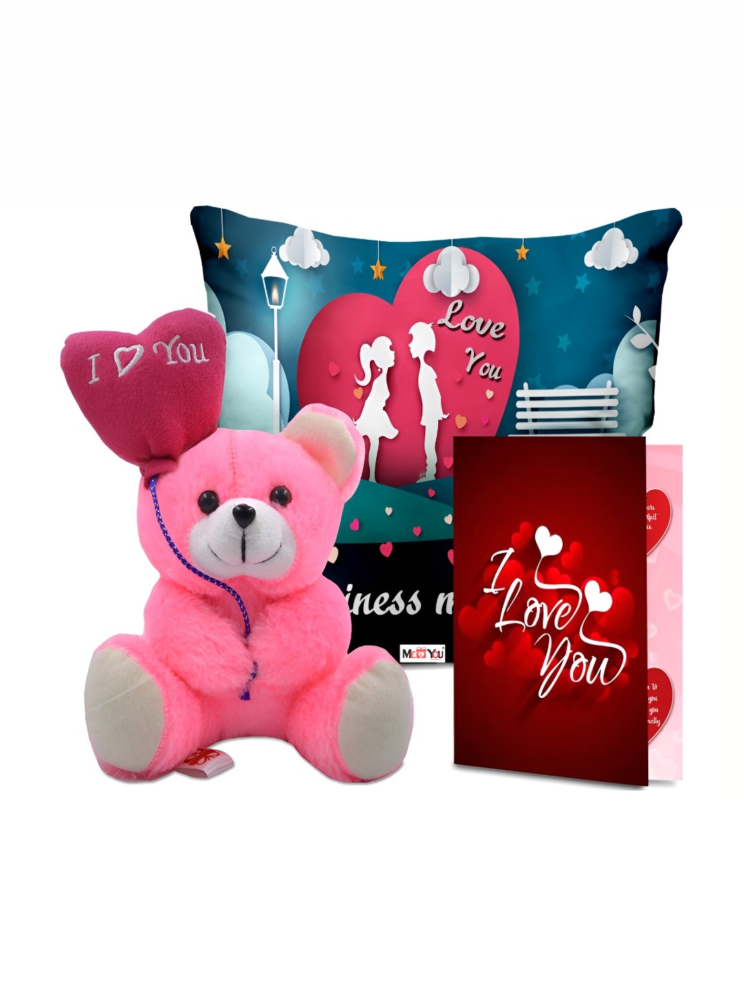 

ME & YOU Blue & Pink 3 Pieces Printed Cushion With Teddy & Card Home Gift Set