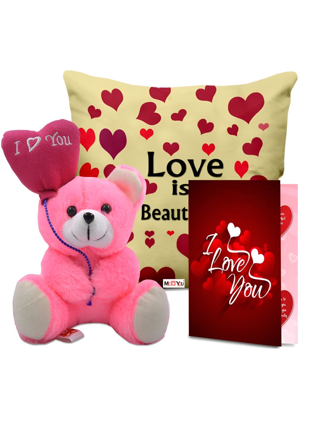 

ME & YOU 3-Pcs Yellow & Red Printed Cushion Teddy Card Valentine Gifts Set