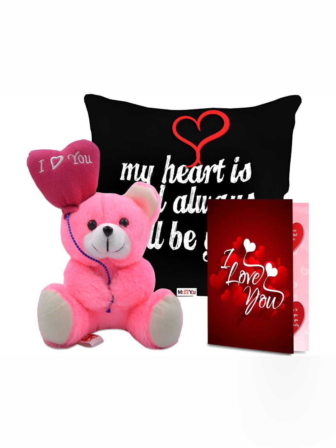 

ME & YOU 3-Pcs Black & Pink Printed Cushion Teddy & Greeting Card Valentine Gift Set