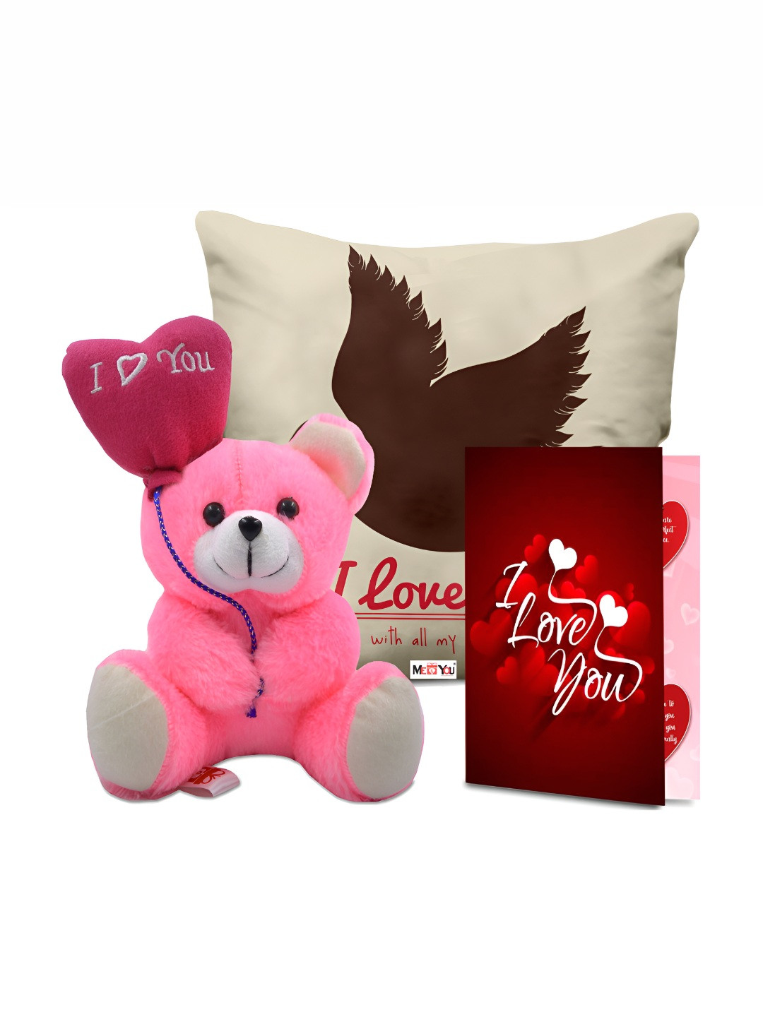 

ME & YOU Beige & Pink 3 Pcs Printed Cushion With Teddy & Card Home Gift Set