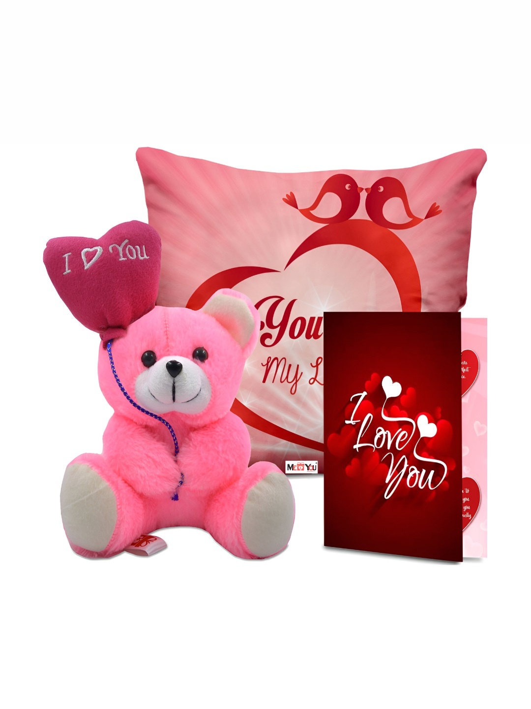 

ME & YOU Red & Pink 3 Pieces Printed Cushion Teddy & Greeting Card Valentine Gift Set