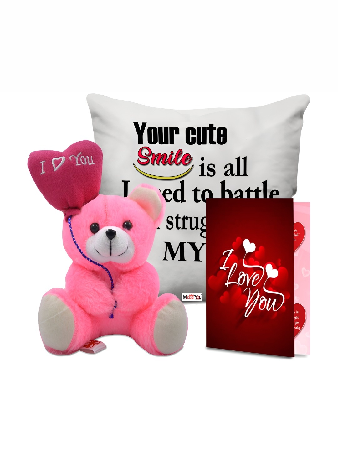 

ME & YOU 4 Pieces White & Pink Printed Cushion With Teddy & Card Home Gift Set