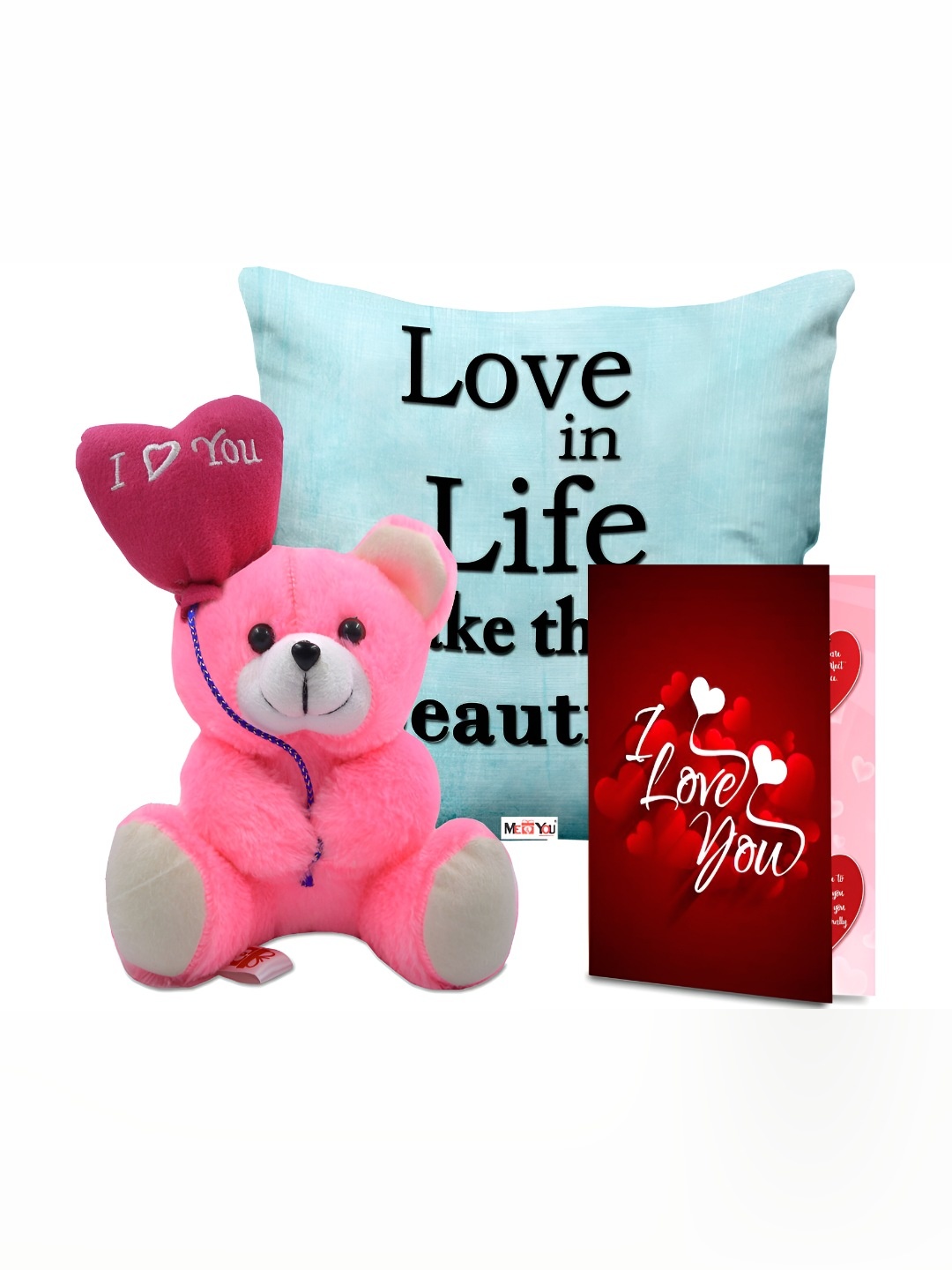 

ME & YOU 3-Pcs Blue & Pink Printed Cushion Teddy & Greeting Card Valentine Gift Set