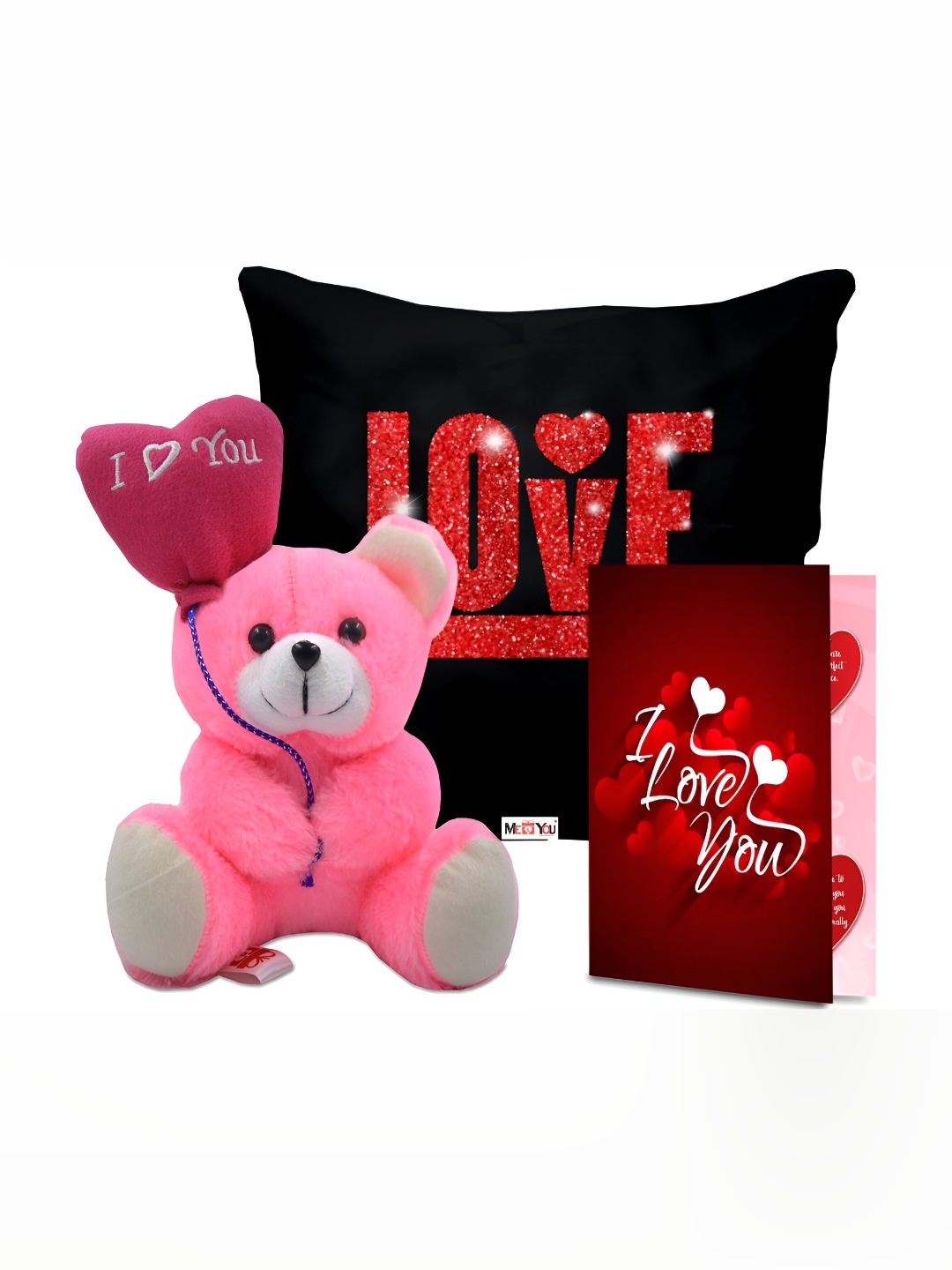 

ME & YOU 3 Pieces Pink & Red Printed Cushion Teddy Card Valentine Gift Set, Black