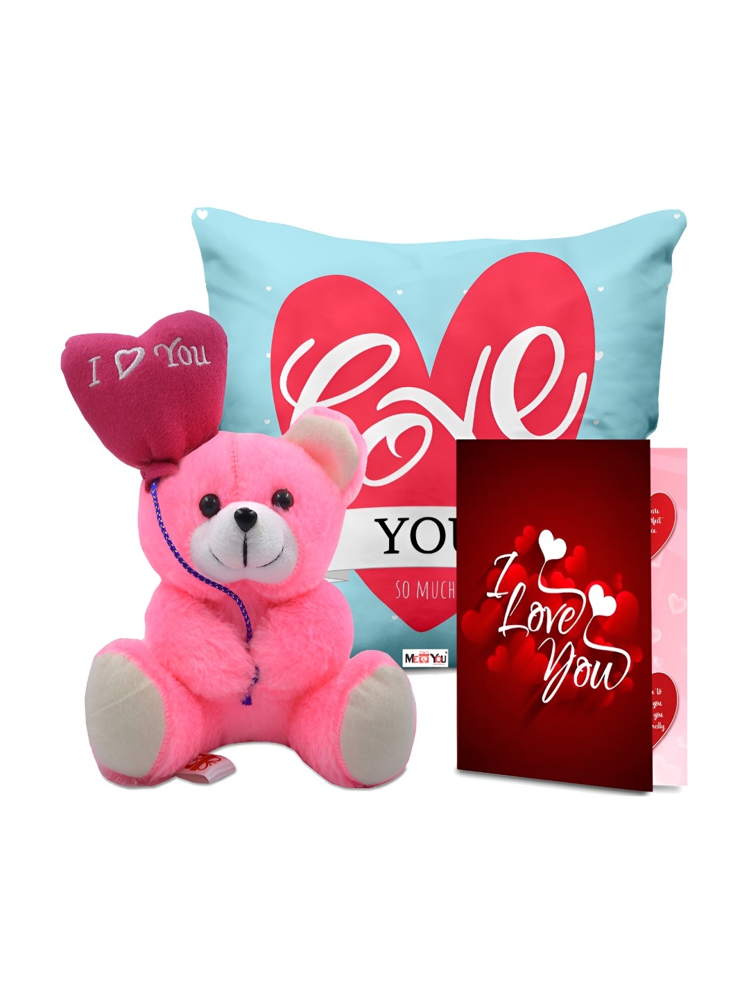 

ME & YOU 3-Pcs Blue & Pink Printed Cushion Teddy & Greeting Card Valentine Gift Set