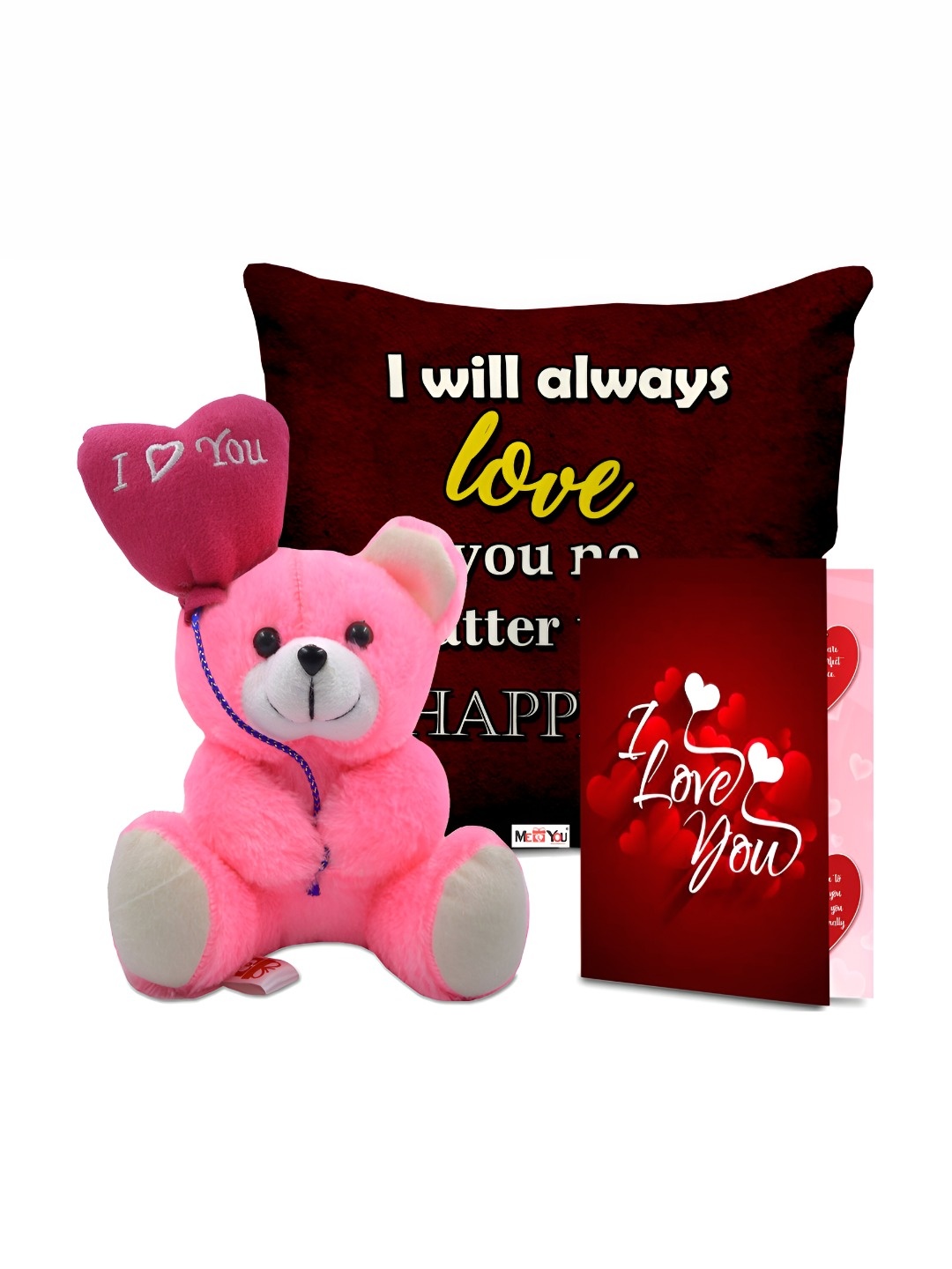 

ME & YOU Maroon & Pink 3 Pieces Printed Cushion Teddy & Greeting Card Valentine Gift Set