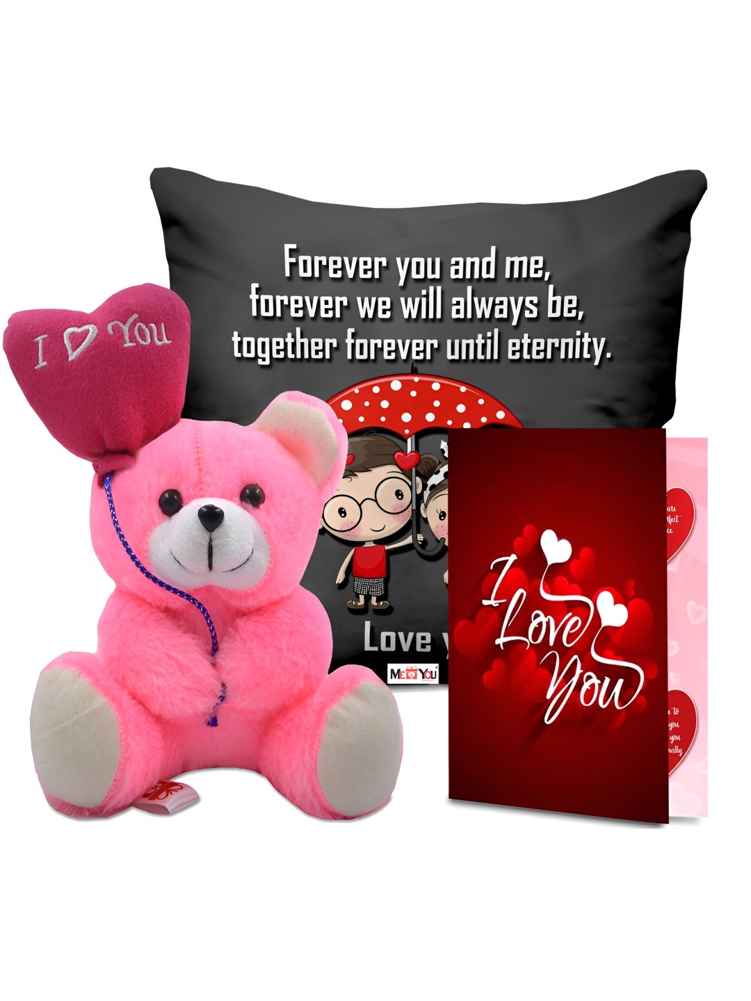 

ME & YOU 3-Pcs Grey & Pink Printed Cushion Teddy & Greeting Card Valentine Gift Set