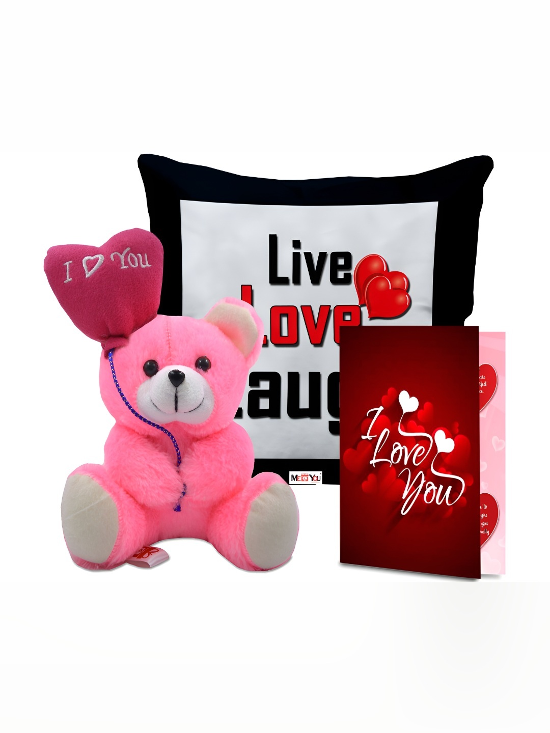 

ME & YOU 3-Pcs White & Pink Printed Cushion Teddy & Greeting Card Valentine Gift Set