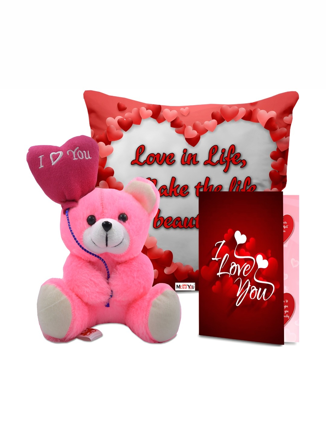 

ME & YOU Red & Pink 3 Pcs Printed Cushion Teddy & Greeting Card Valentine Gift Set