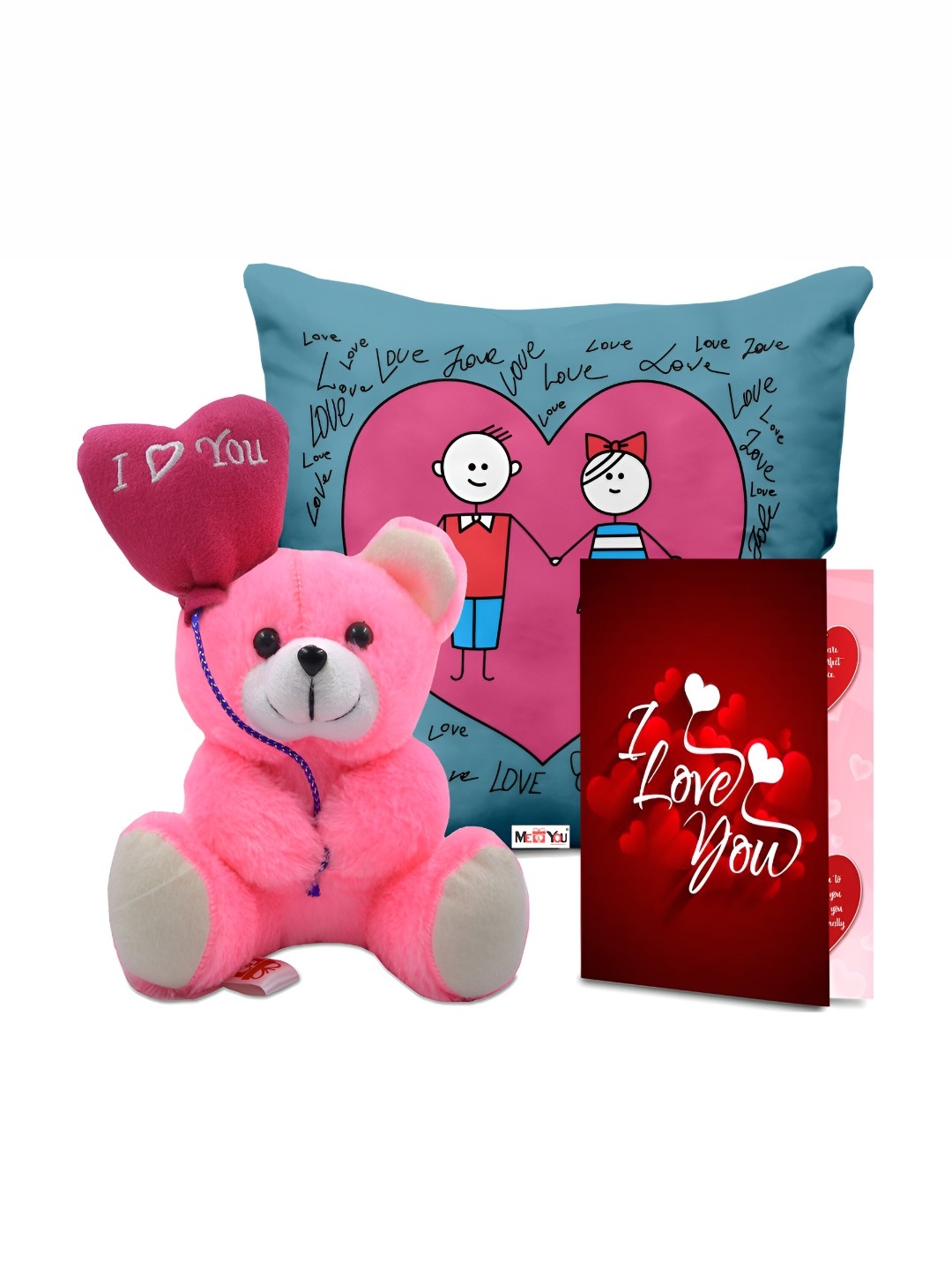 

ME & YOU 3-Pcs Blue & Pink Printed Cushion Teddy & Greeting Card Valentine Gift Set