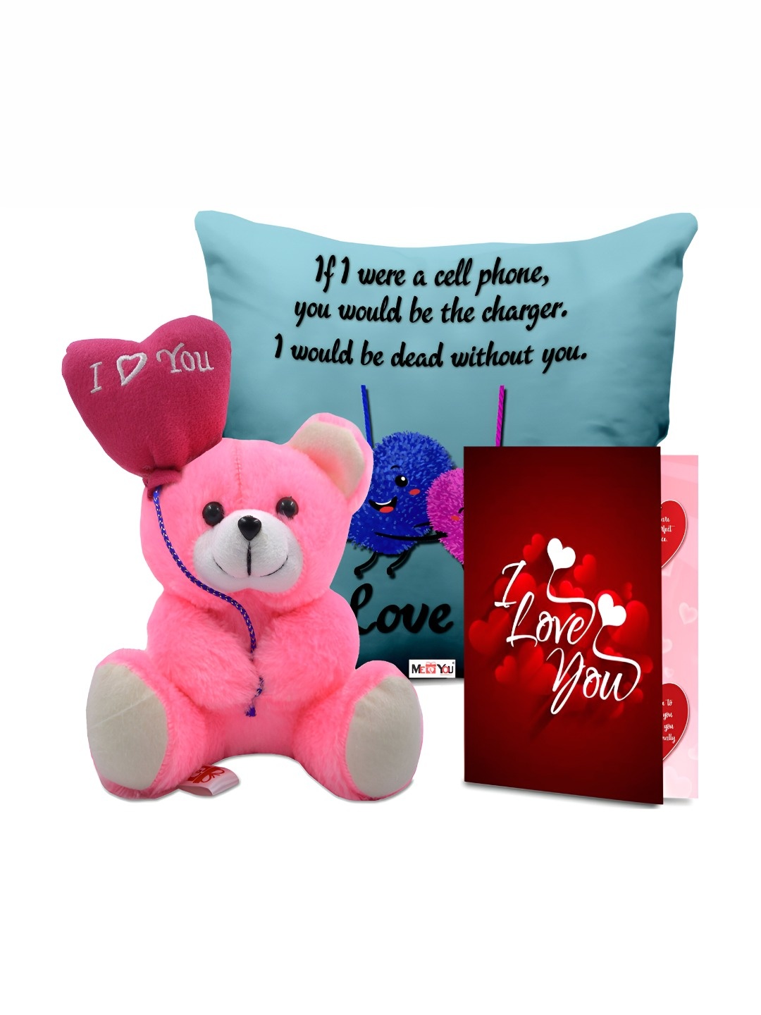 

ME & YOU 3-Pcs Blue & Pink Printed Cushion Teddy & Greeting Card Valentine Gift Set