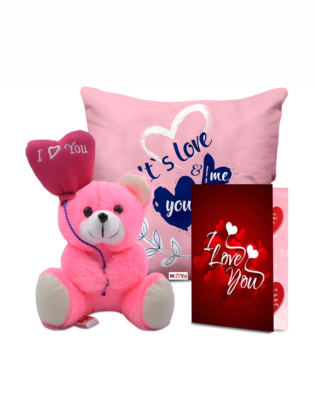 

ME & YOU Pink & Red 3 Pieces Printed Cushion Teddy & Greeting Card Valentine Gift Set