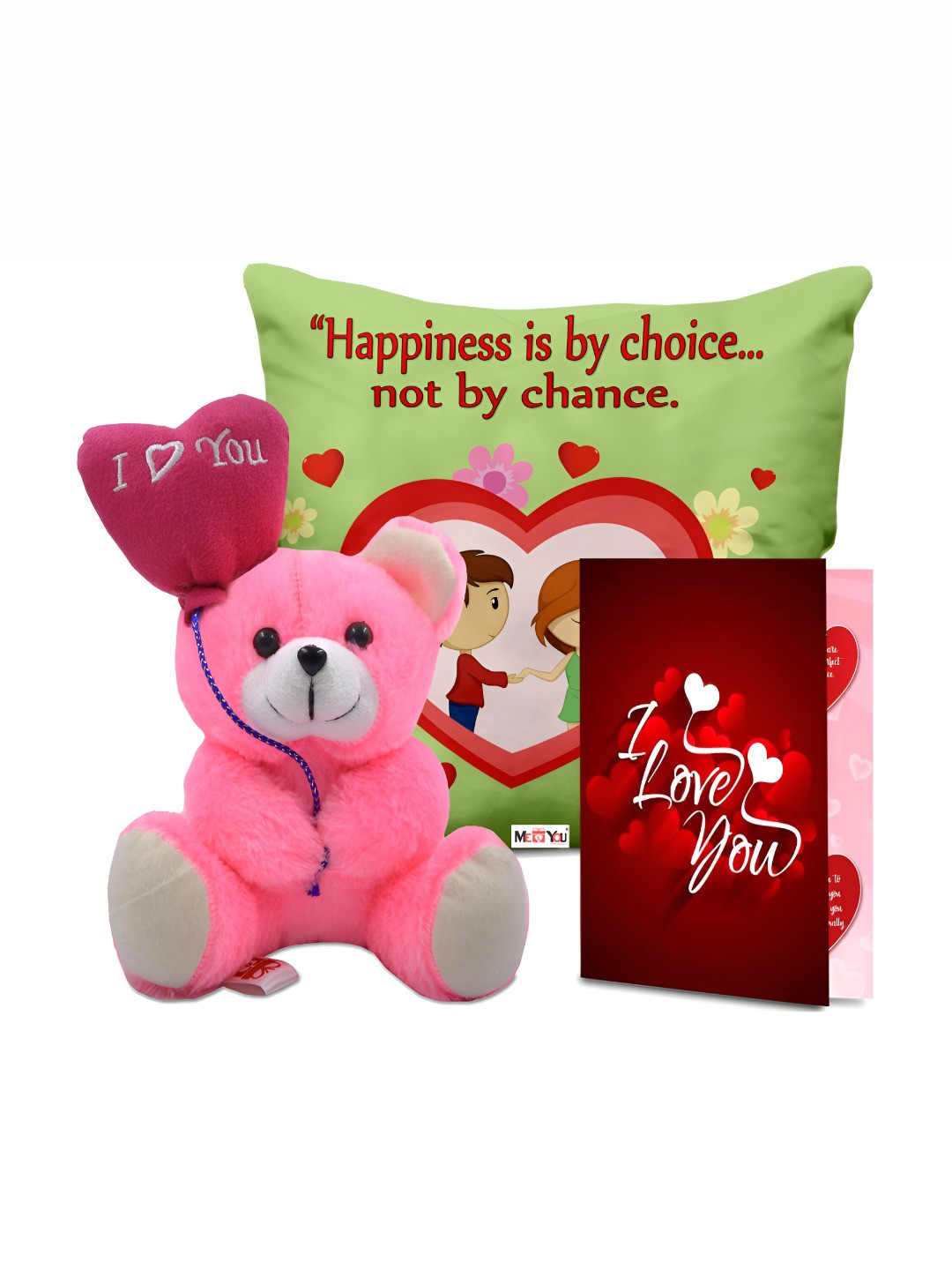 

ME & YOU 3-Pcs Green & Pink Printed Cushion Teddy & Greeting Card Valentine Gift Set