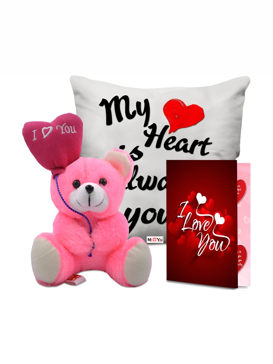 

ME & YOU 3-Pcs White & Pink Printed Cushion Teddy & Greeting Card Valentine Gift Set