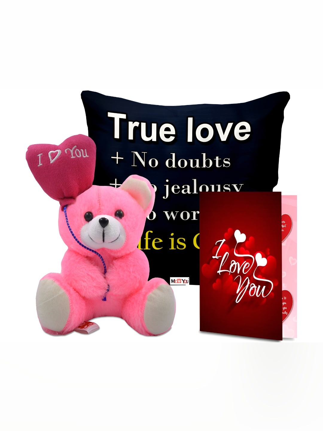 

ME & YOU 3-Pcs Black & Pink Printed Cushion Teddy & Greeting Card Valentine Gift Set