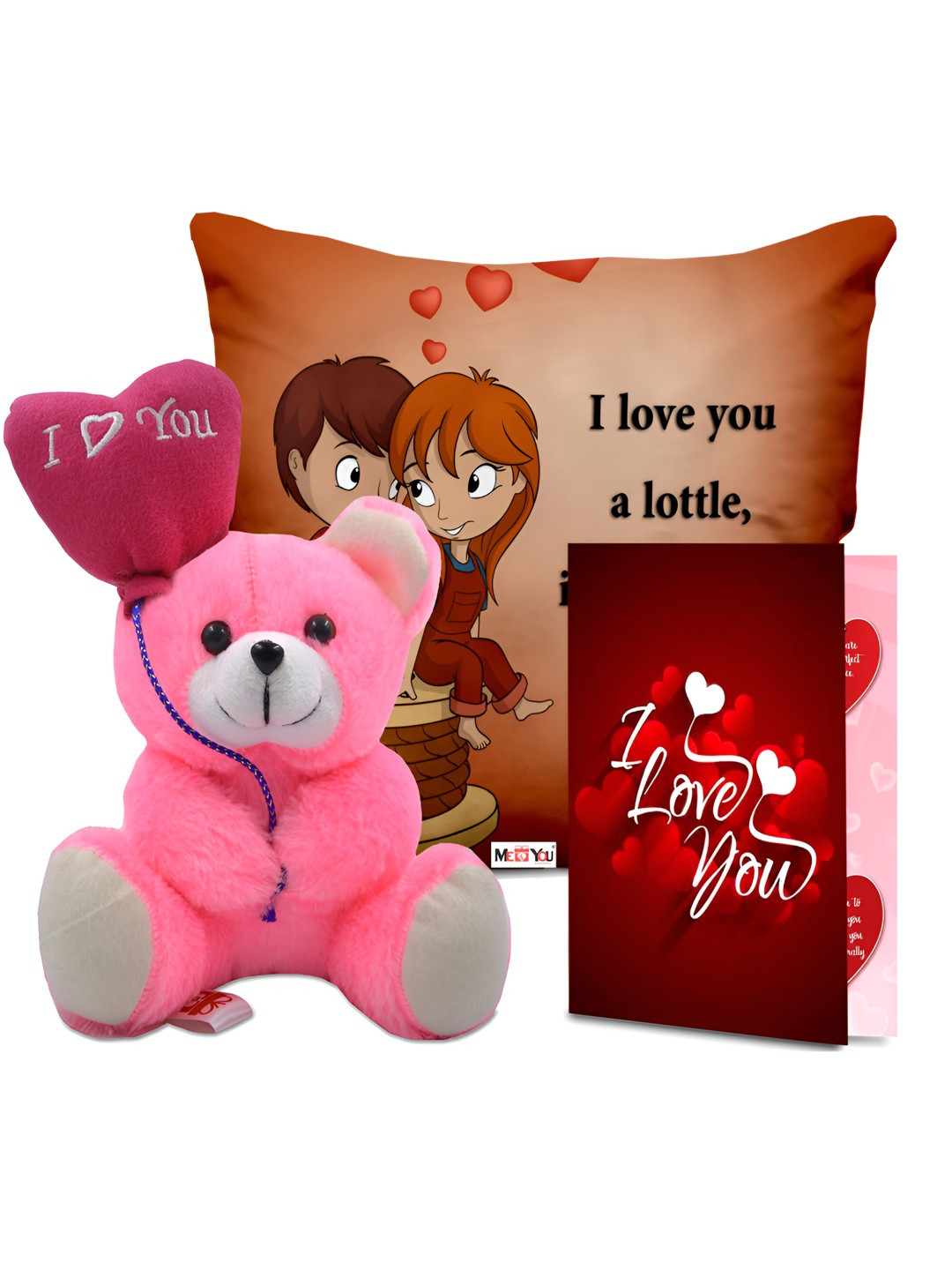 

ME & YOU 3-Pcs Orange Coloured & Pink Cushion Teddy & Greeting Card Valentine Gift Set