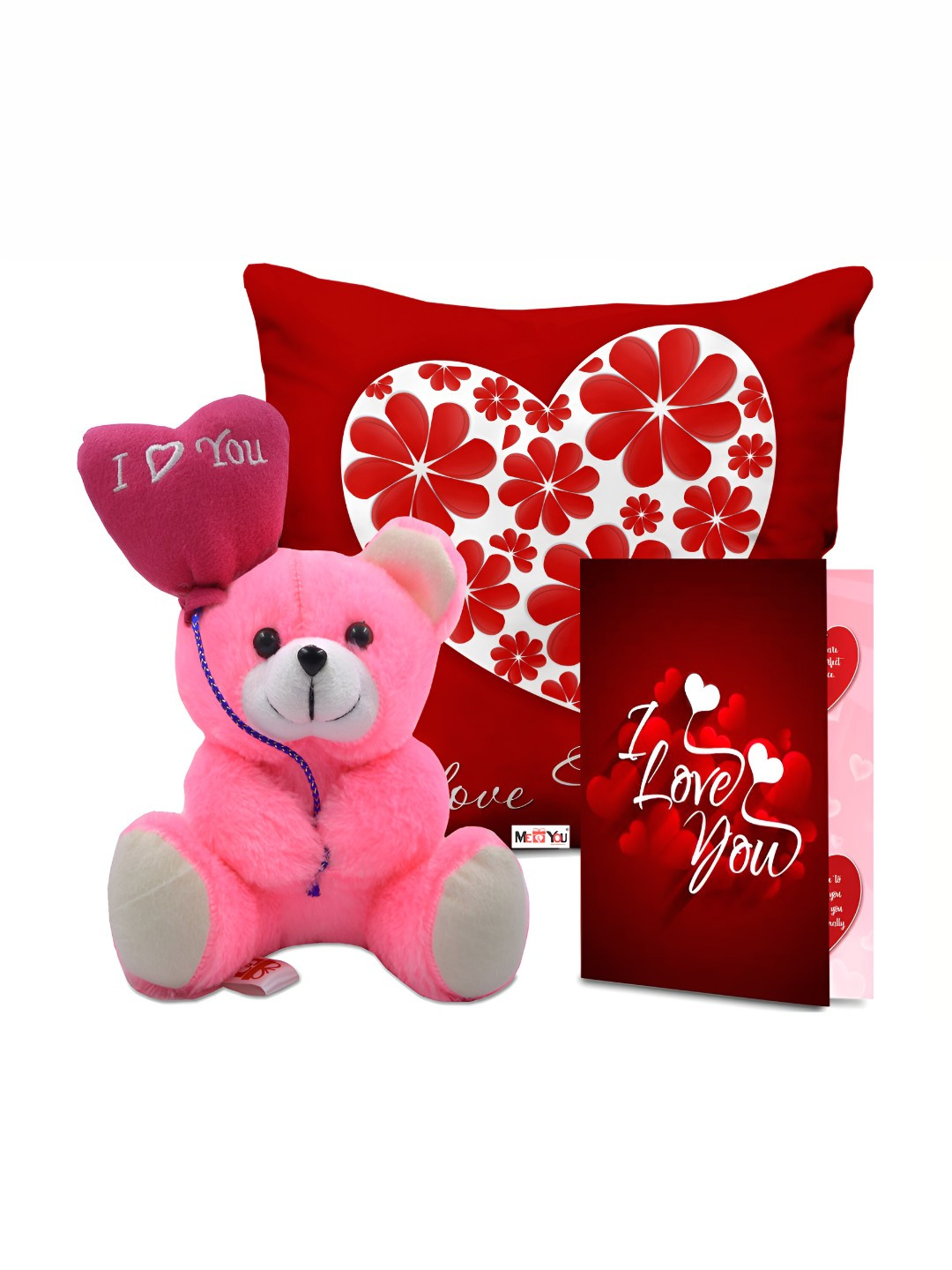 

ME & YOU 3-Pcs Red & Pink Printed Cushion Teddy & Greeting Card Valentine Gift Set
