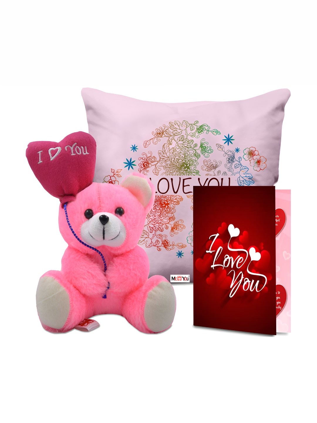 

ME & YOU Pink & Red 3 Pieces Printed Cushion With Teddy & Card Home Gift Set