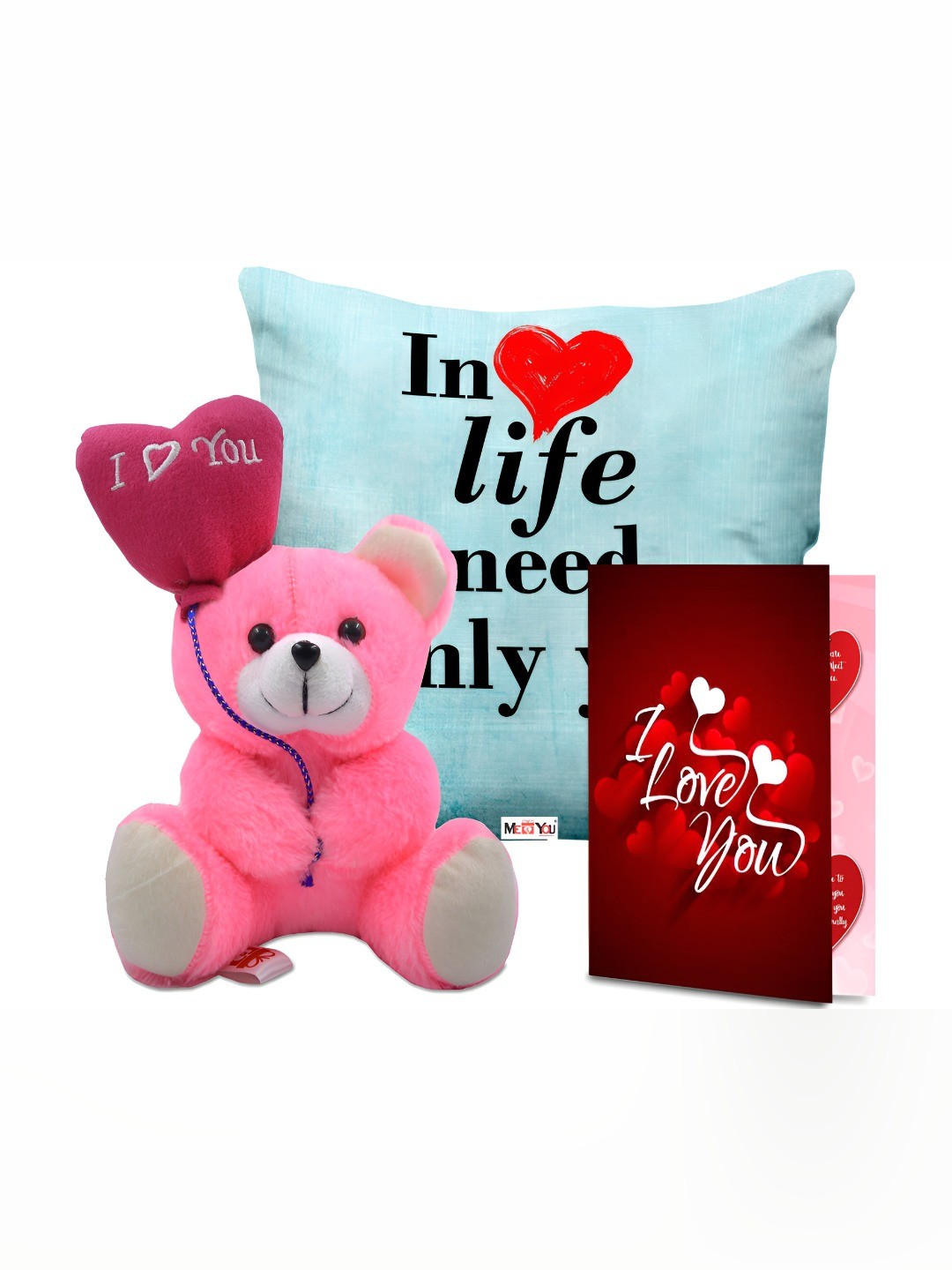 

ME & YOU Blue & Pink 3 Pcs Printed Cushion Teddy & Greeting Card Valentine Gift Set