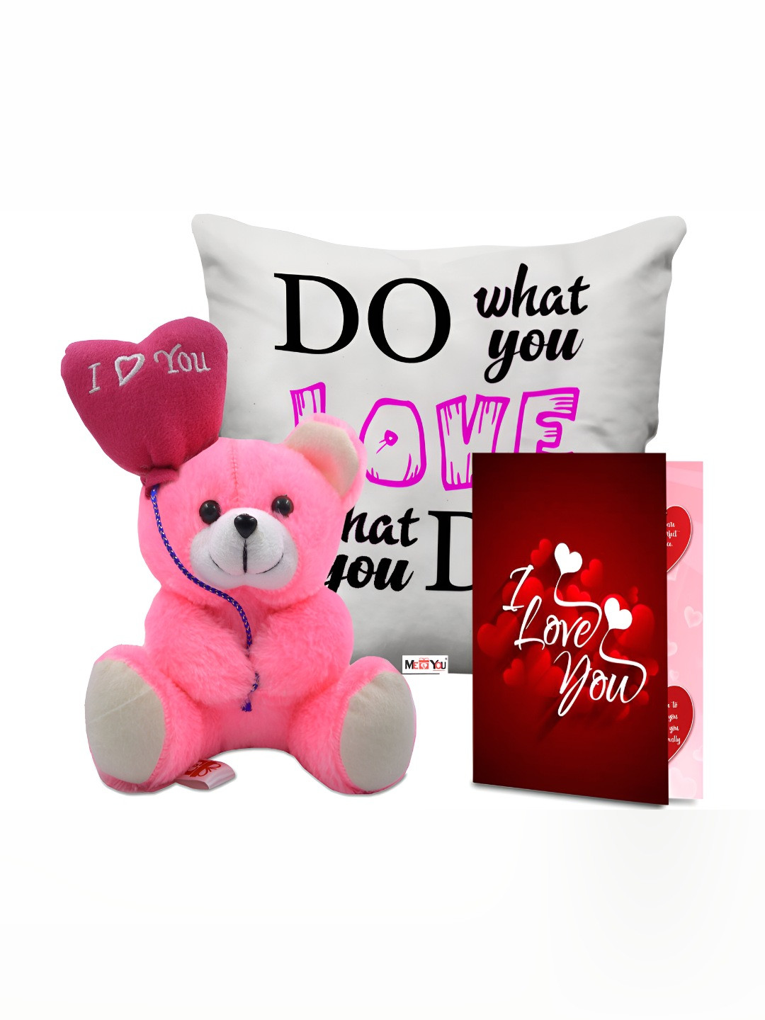 

ME & YOU 3-Pcs White & Pink Printed Cushion Teddy & Greeting Card Valentine Gift Set