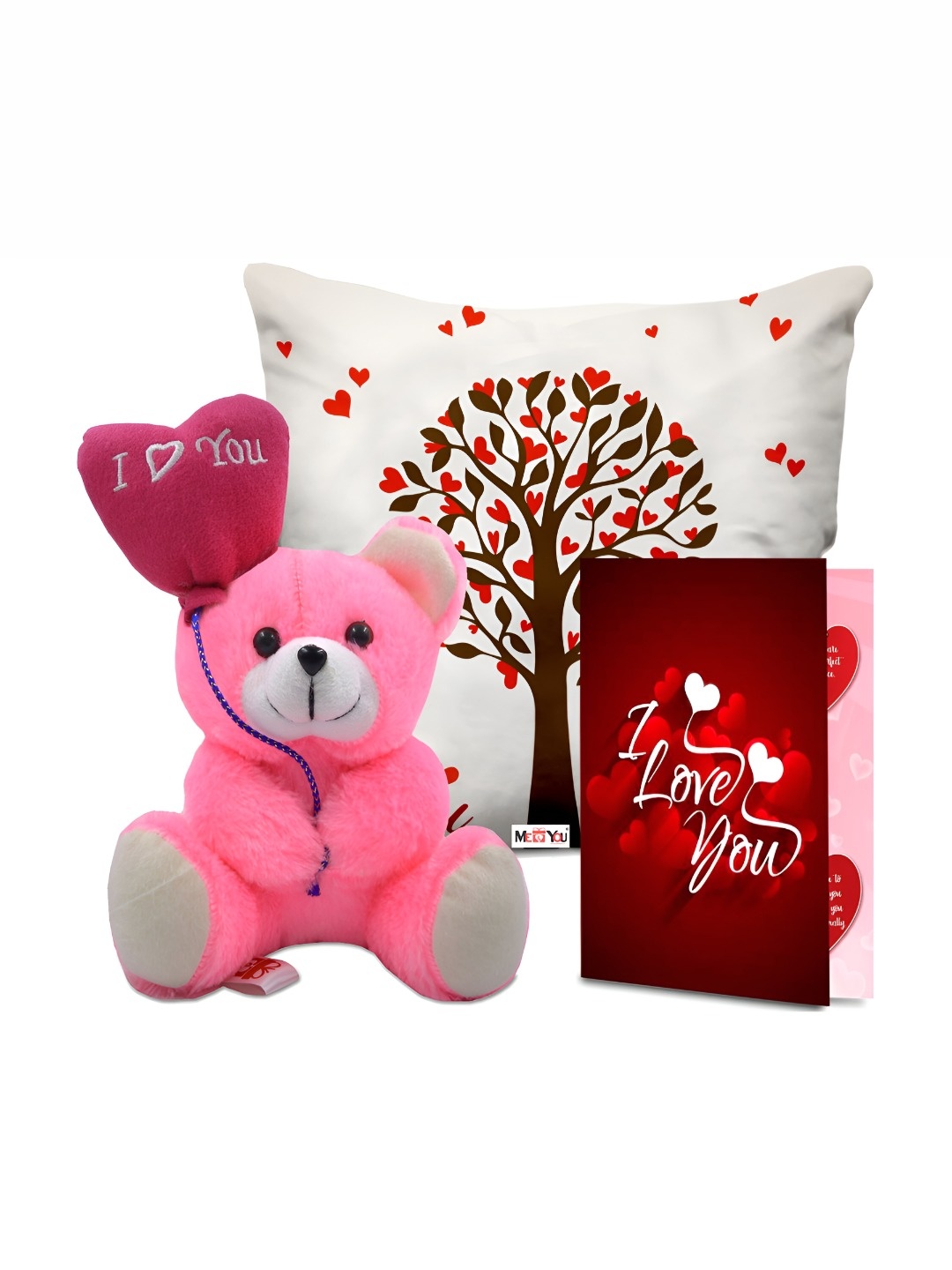 

ME & YOU 3-Pcs White & Pink Printed Cushion Teddy & Greeting Card Valentine Gift Set