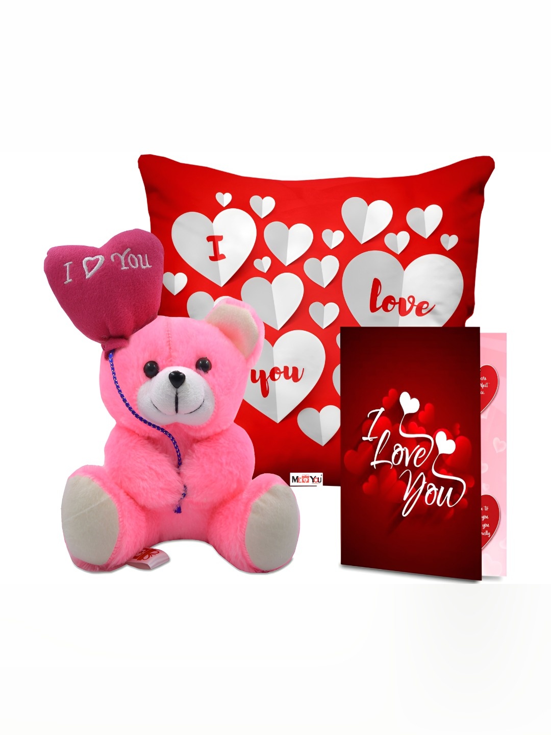 

ME & YOU 3-Pcs Red & Pink Printed Cushion Teddy & Greeting Card Valentine Gift Set
