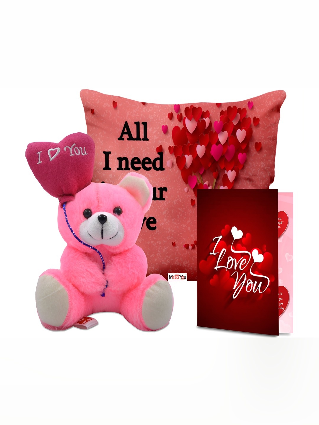 

ME & YOU 3-Pcs Pink & Red Printed Cushion Teddy & Greeting Card Valentine Gift Set