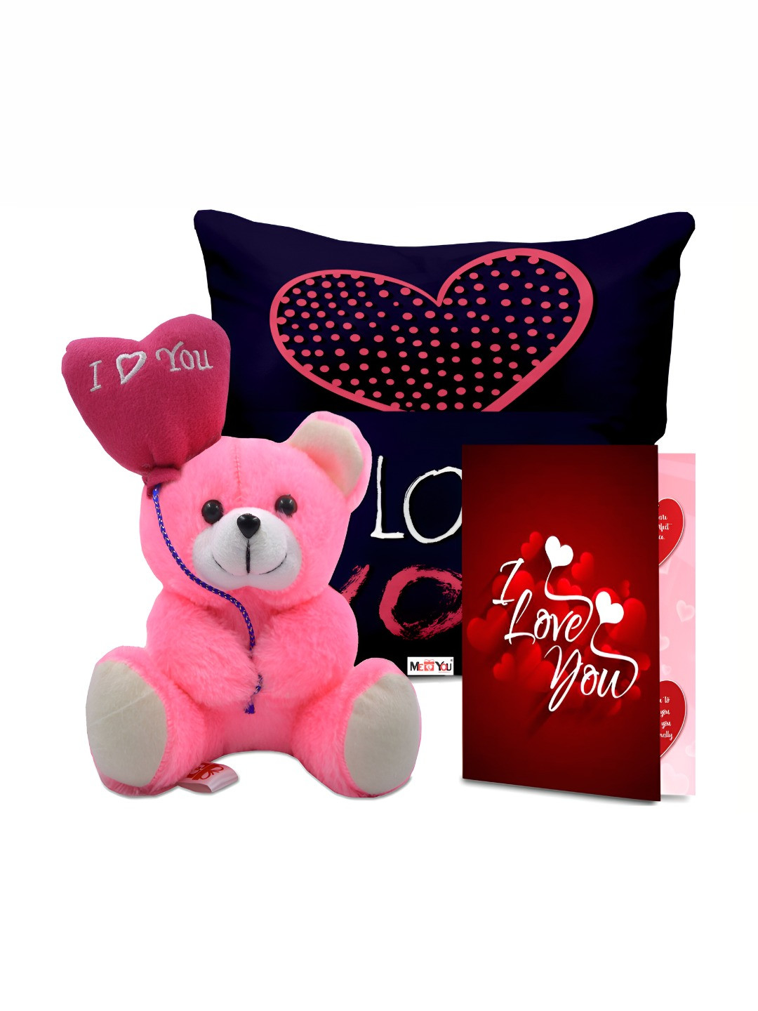 

ME & YOU Pink & Red 3 Pieces Printed Cushion Teddy & Greeting Card Valentine Gift Set