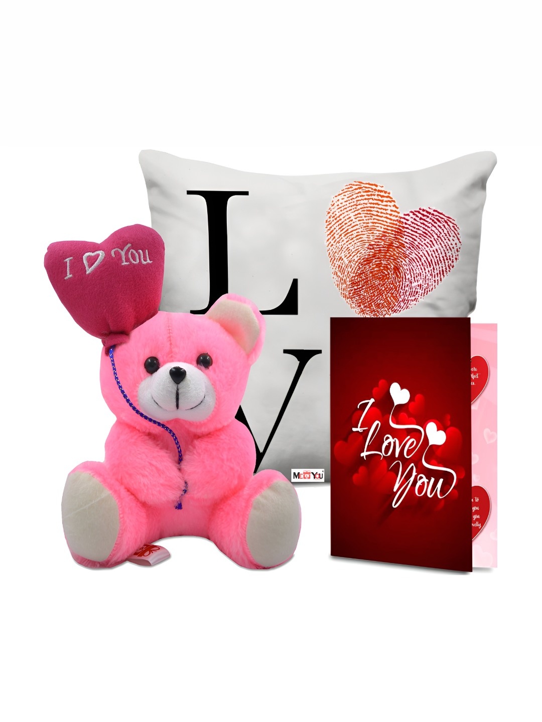 

ME & YOU White & Pink 3 Pieces Printed Cushion Teddy & Greeting Card Valentine Gift Set