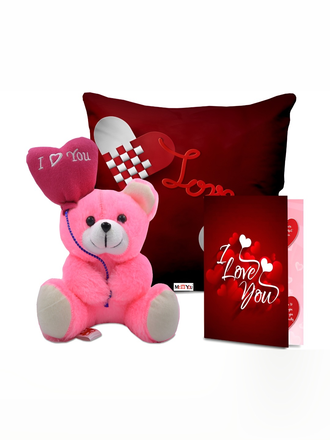 

ME & YOU 3-Pcs Red & Pink Printed Cushion Teddy & Greeting Card Valentine Gift Set