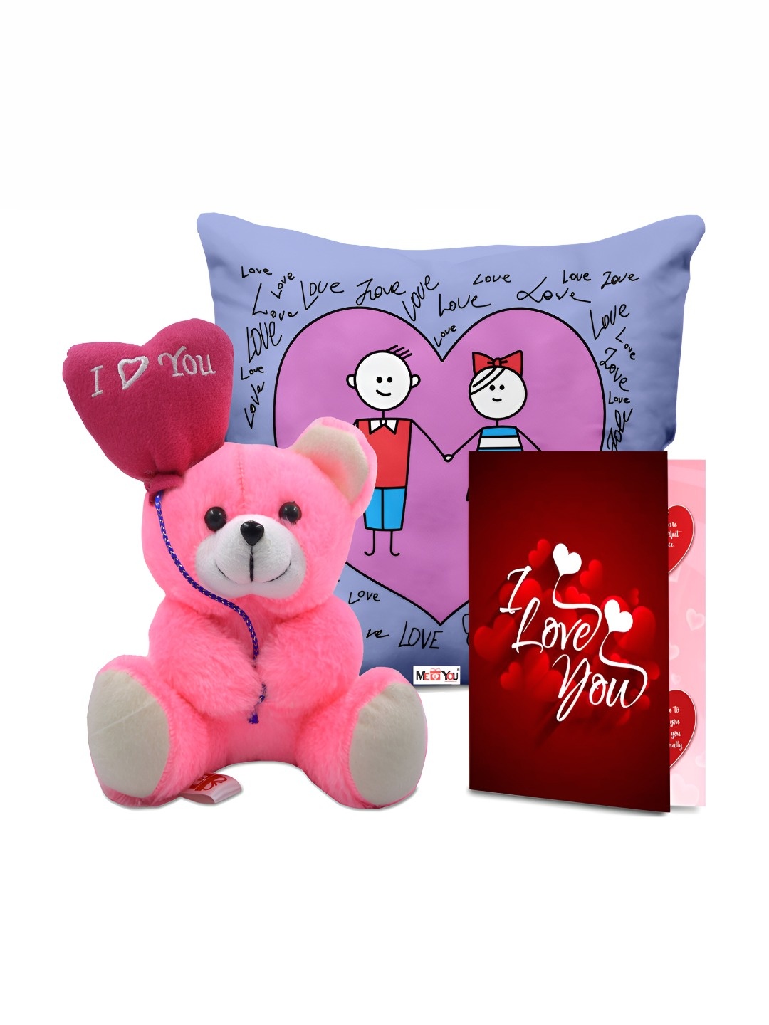 

ME & YOU Blue & Pink 3 Pcs Printed Cushion Teddy & Greeting Card Valentine Gift